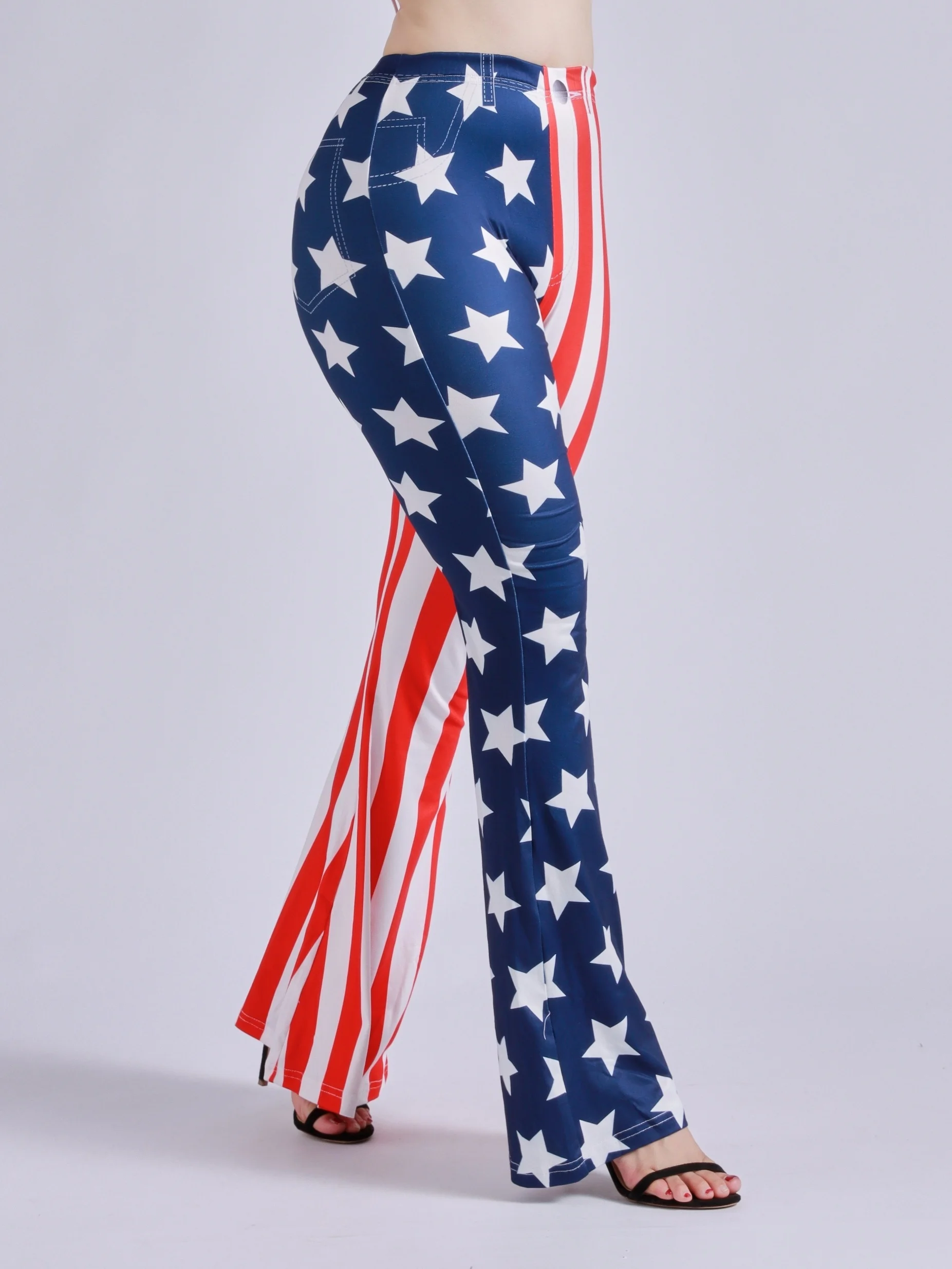 Glockenhose mit Stern-Stached-Flagge, bedruckt, für Damen, schmale Passform, hohe Taille, lässig, bequem, hohe Elastizität