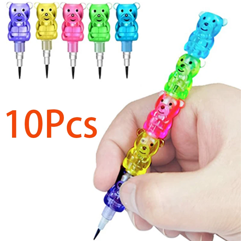 10Pcs Stackable Pencils Plastic Bear Pencils Kids Stacking Point Pencils 5 in 1 Stacking Pencils School Fun Equipment