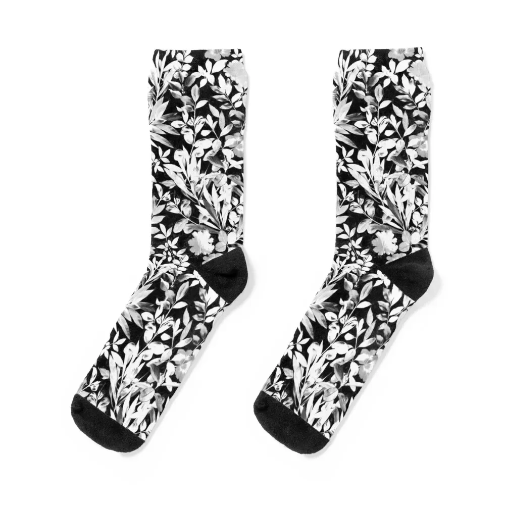 Textured Silver Grey and White Leaves on Black Socks kawaii football Socks Female Men's