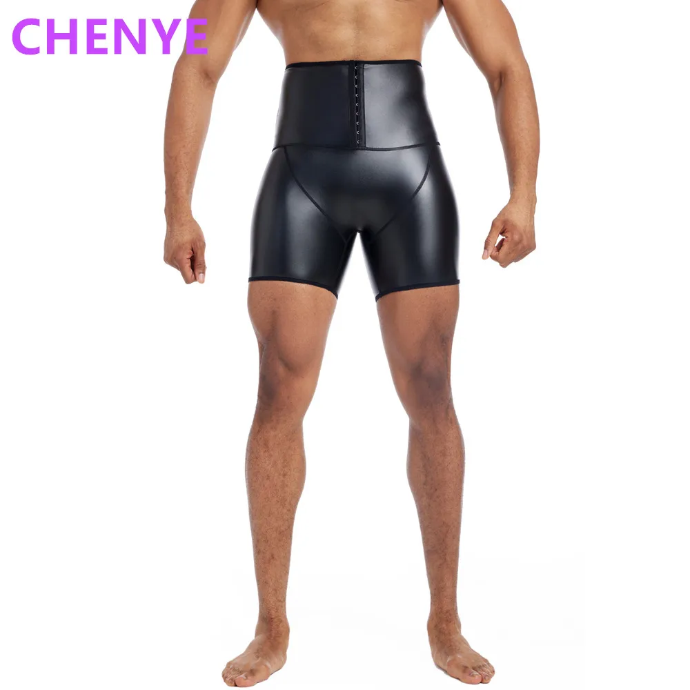 Mens New Fitness Slim Stretch Leather Pants Body Shapers Waist Trainer High Waist Abdomen 3 Hooks Compression Leather Shorts