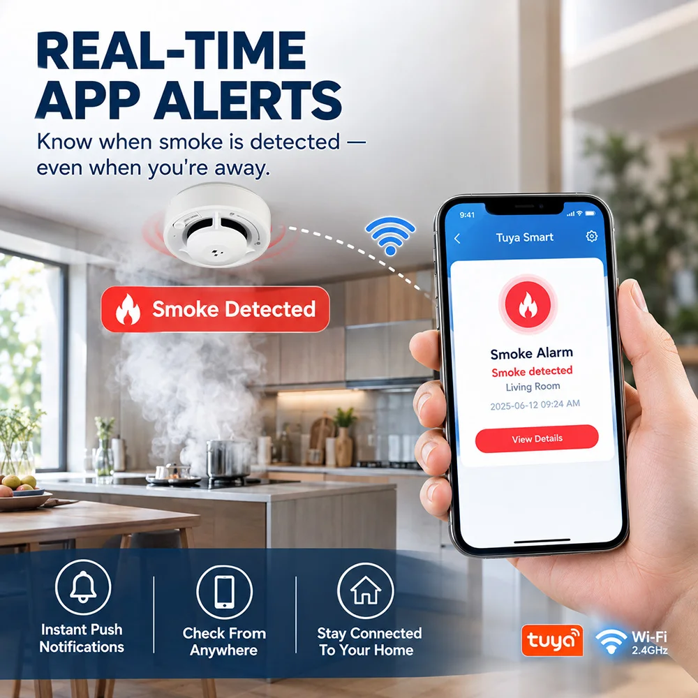 CCEsafety 3 Pack Smoke Ddetector Tuya Wifi Tuya APP Alerts 10 Years Sensor Llife AA Battery Powered EN14604 Certified For Hhome