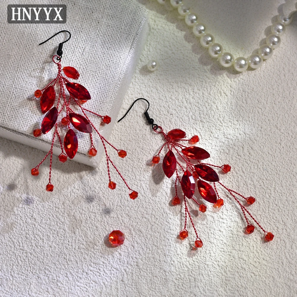 HNYYX Red Rhinestone Pendant Earrings for Women Trend Luxury Geometric Eardrop Crystal Pendant Jewelry Accessories B08