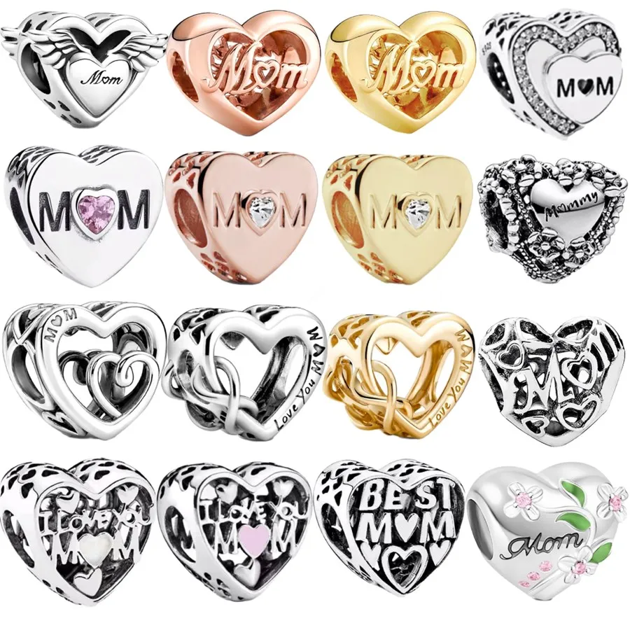 MOM Mother Series Heart-Shaped Charm Bead Fit Original 925 Sterling Silver Bracelet DIY Jewelry Making For Women Gift