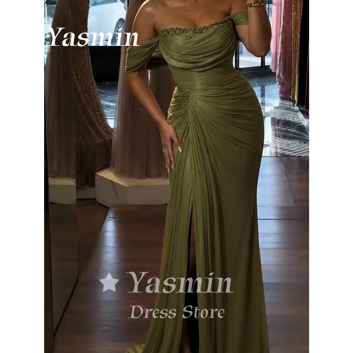 Vestido de Noche Verde Oliva con Hombros Descubiertos, Adorno de Pedrería, Drapeado y Fruncido, Cola Larga, para Invitadas de Boda y Gala, Personalizable
