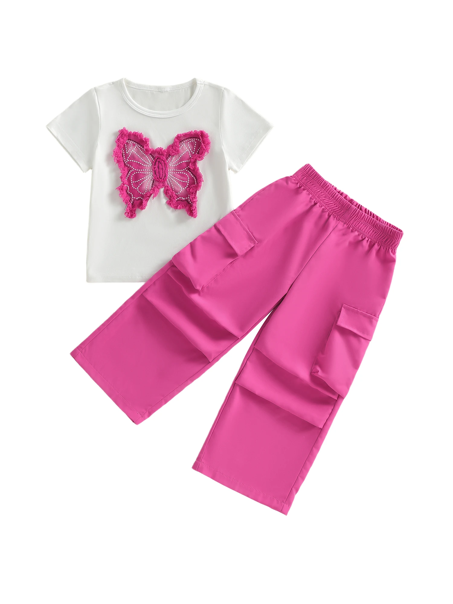 

Adorable Girls 2 Piece Clothing Set with Colorful Flower Embroidery Short Sleeve Top and Matching Elastic Waist Pants