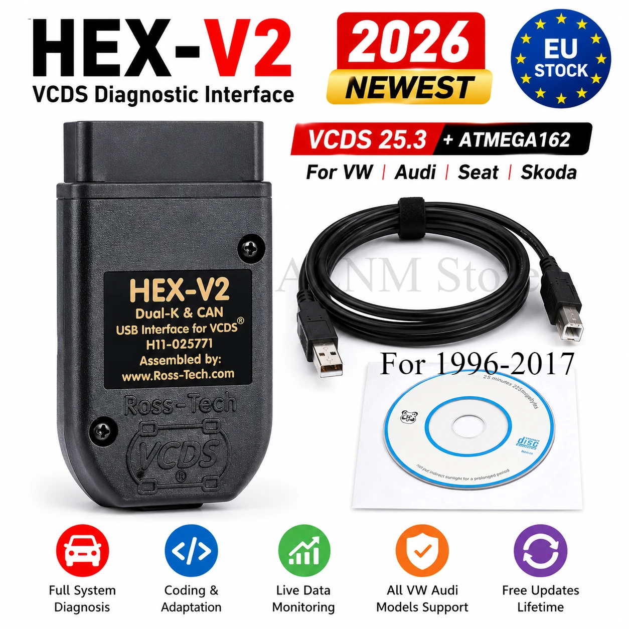 2026 Neueste V25.3 VCDS Englische Version VAGCOM HEX V2 Update V24.7 ATMEGA162 für VW/AUDI/Skoda/Seat Kfz-Diagnosegeräte