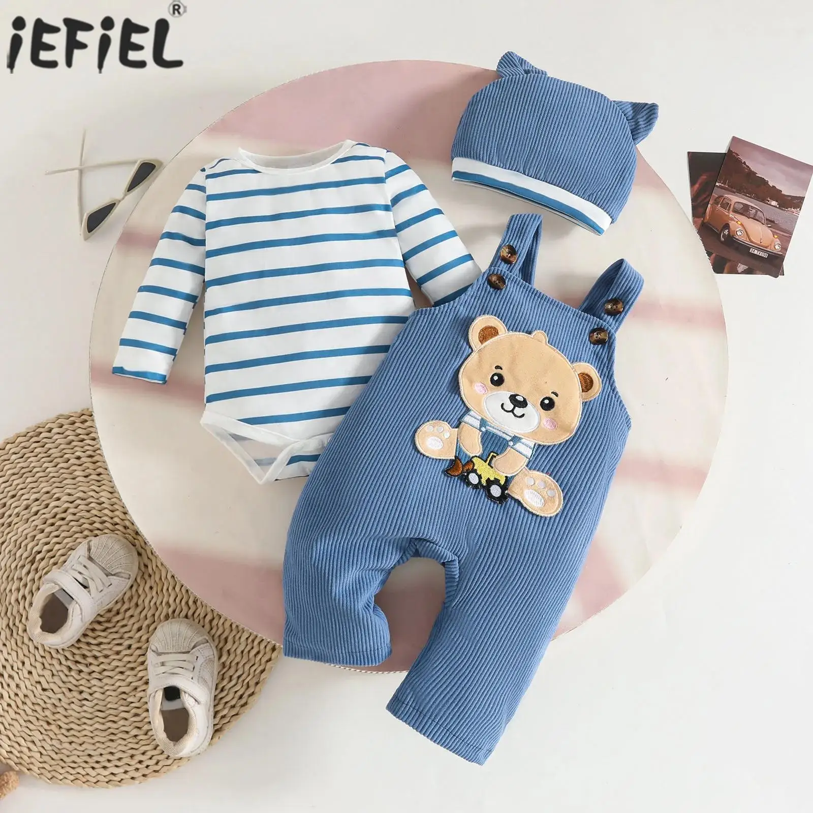 

Newborn Baby Boys Clothes Fall Outfits Long Sleeve Striped Romper with Corduroy Overalls And Hat for Birthday Party Photography