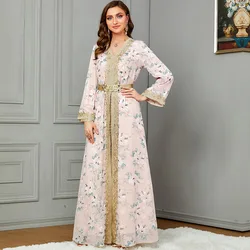 Muslim Suit Set for Africano Woman Party Moroccan Dubai Dress Fashion Printing Full Sleeve Belted Turkish Clothing Dress Set