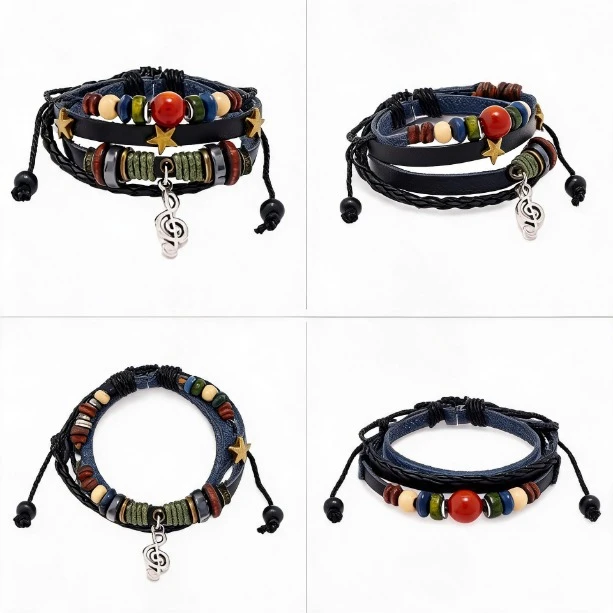Europe & US Hot Sale Beaded Leather Woven Retro Bracelet, Alloy Music Note Cowhide Bracelet Cross-border Jewelry