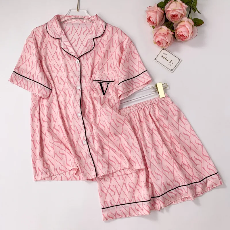 Pink Letter Printed Pajamas Women's Spring and Summer New Silk Casual Short-sleeved Home Clothes Lapel Button Luxury Pajamas Set