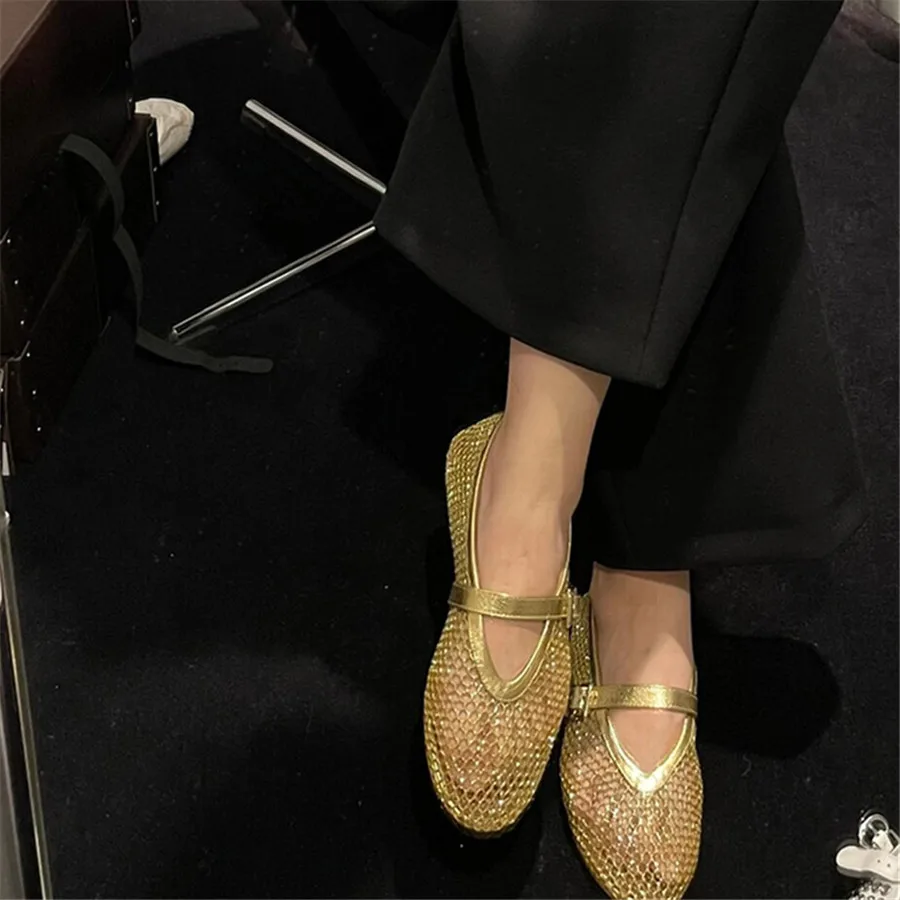 Zapatos planos dorados de Ballet para mujer, alpargatas con correa, mocasines de malla ahuecados para caminar, sandalias de verano, 2024