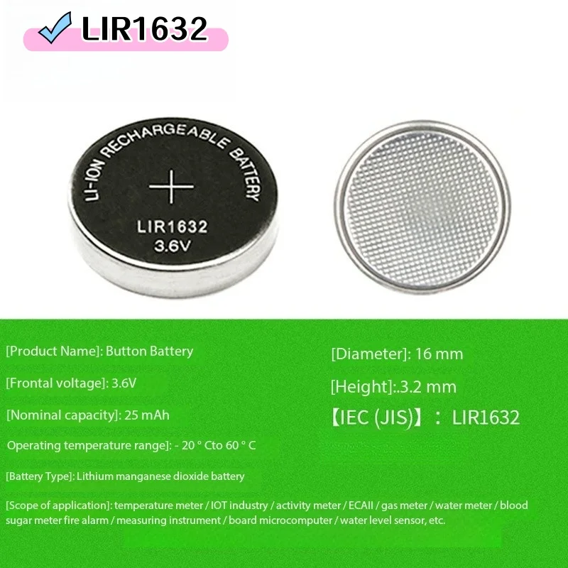 1-5pcs LIR1632 LIR 1632 3.6V Lithium Rechargeable Batteries for Watch Car Remote Control Replace CR1632 DL1632 Button Coin Cell