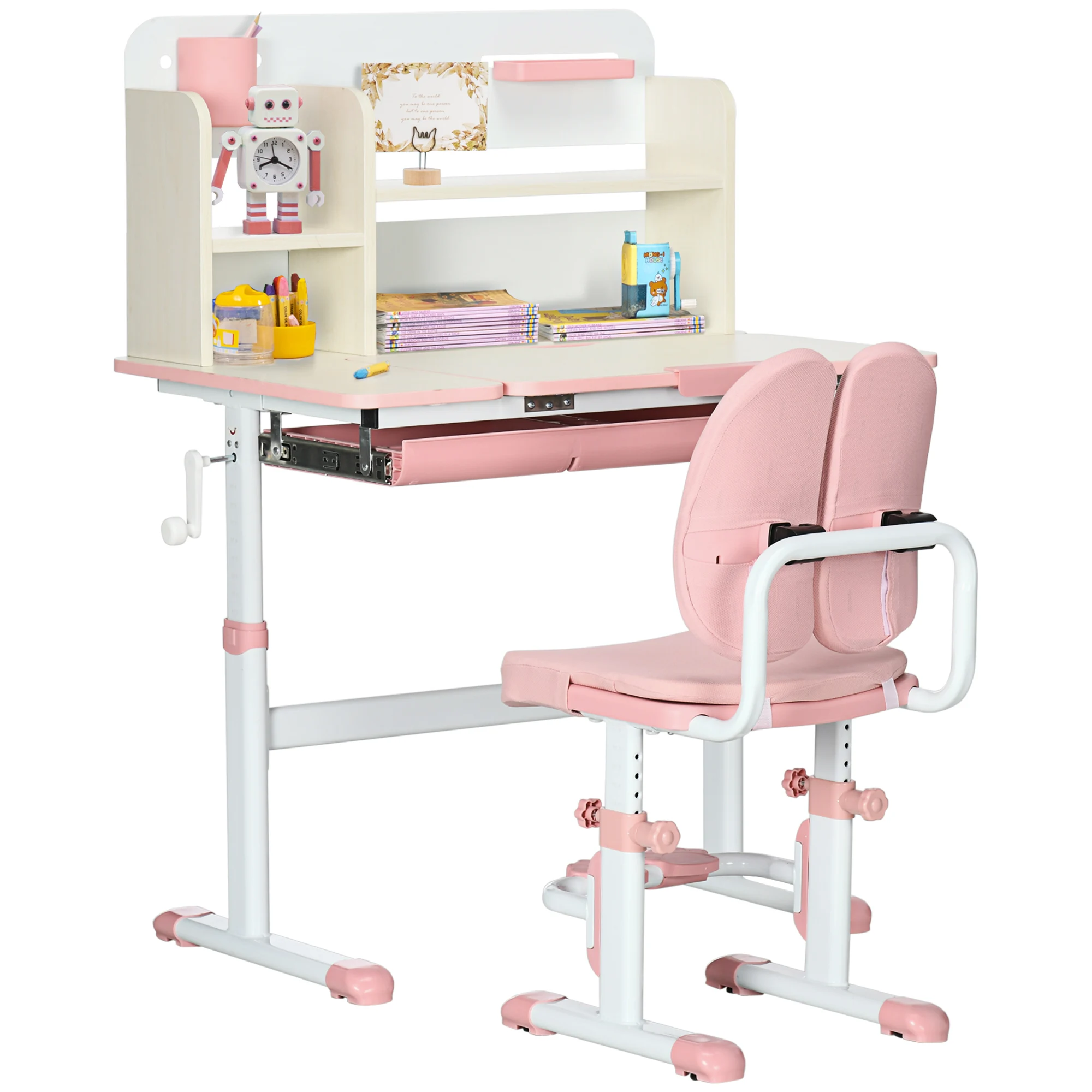 HOMCOM Pupitre Infantil Altura Ajustable con 1 Cajón 1 Estante y Tablero de Mesa Inclinable 80x52x88-109 cm Rosa y Blanco