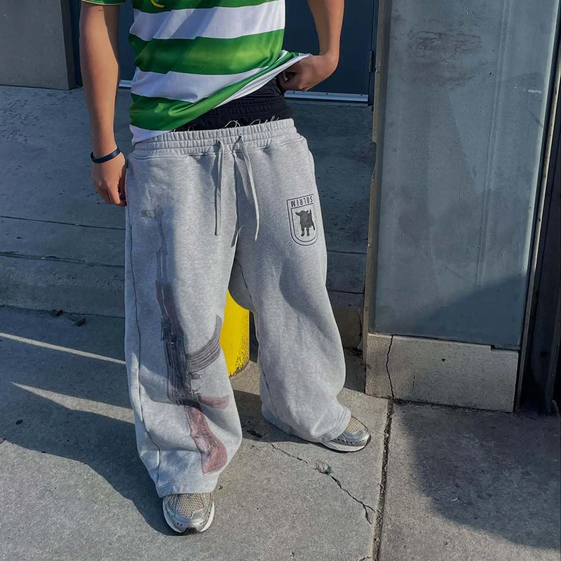 Pantalones informales de calle alta para hombre Y2K, Pantalones rectos Harajuku, pantalones de cintura doble con cabeza de otoño, pantalones con estampado personalizado