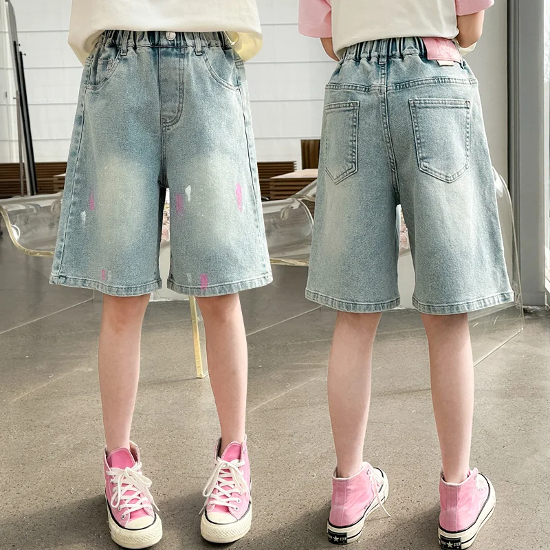 أنيق الأطفال الصيف الدنيم السراويل مع الرسومات للمراهقات فضفاضة تناسب الركبة طول Capris السراويل الاطفال شورت جينز غير رسمي