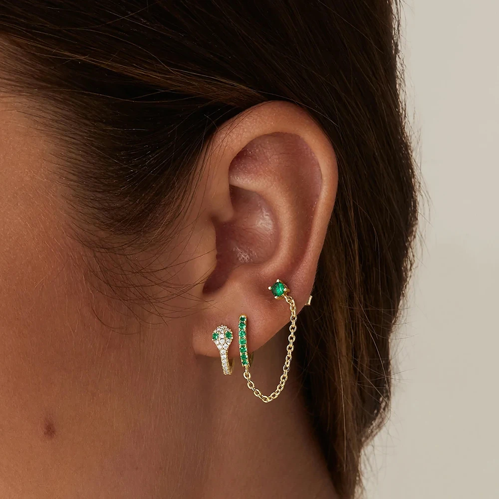 Aide 1pc 925 Sterling Silver Double Hole Chain Tassel Earrings For Women Fresh Green White CZ Zircon Pave Circle Stud Earring