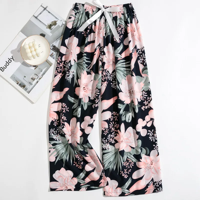 Spring Summer Women's Thin Cotton Silk Pajama Pants Comfortable Loose Print Wide Leg Pants Home Air Conditioning Trousers