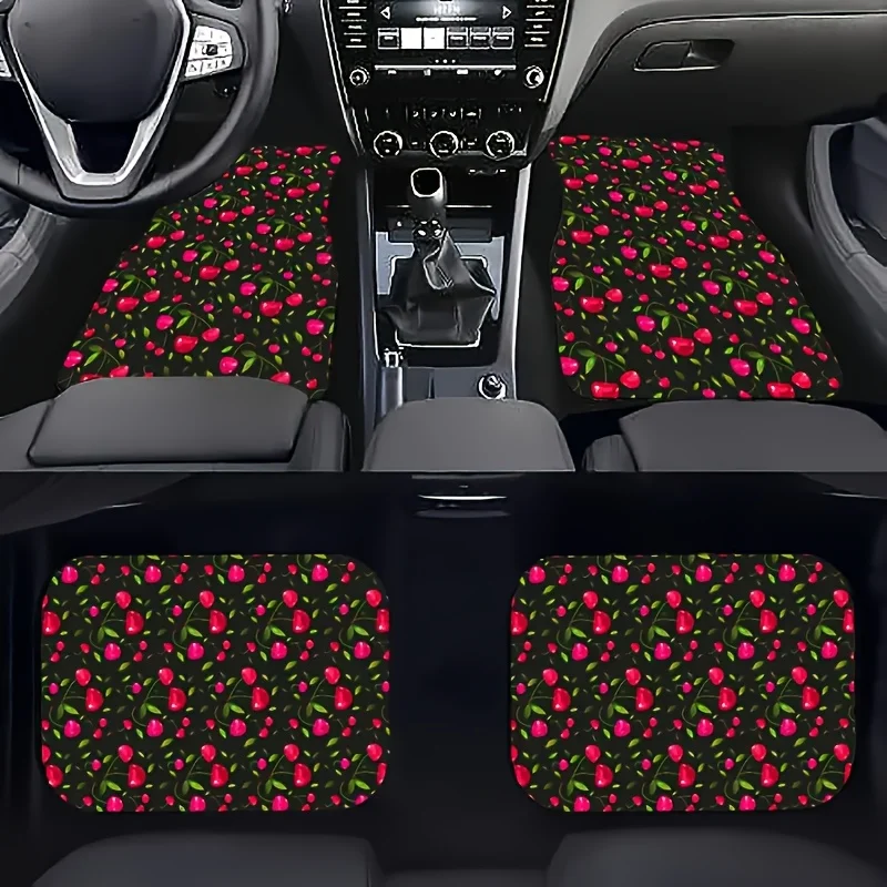 2D.4pcs Cherry Theme Style Elements Universal Car Mats, Suitable For Protecting Front And Rear Seats Of All Vehicles, Fashionabl