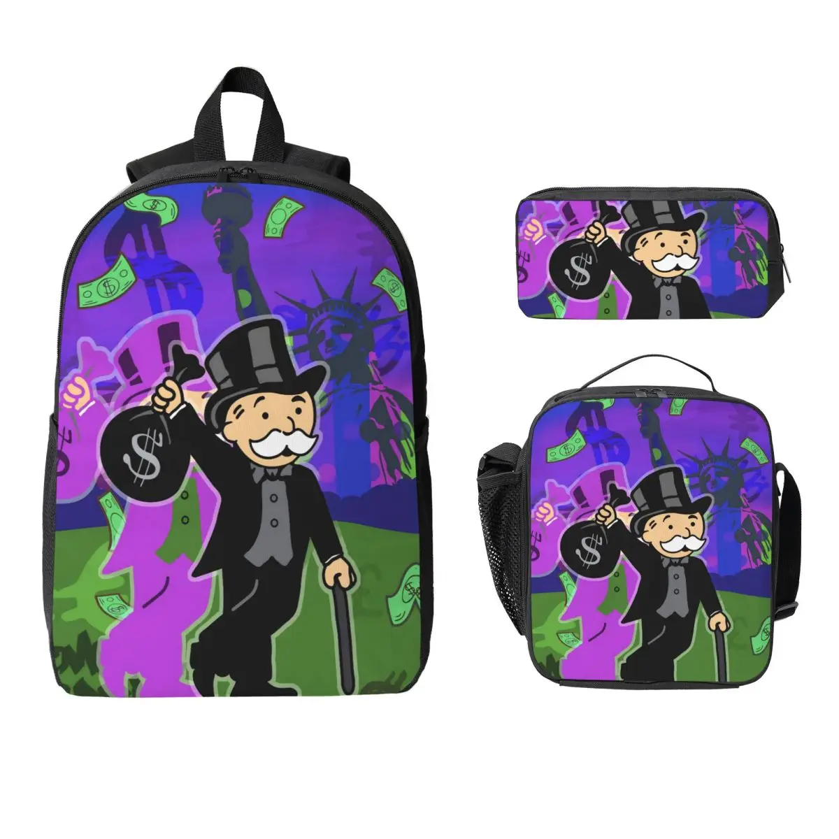 3Pcs Alec Monopolys School bags Set for Children Pencil Boxes Backpack Sets with Lunch Box For School Students Knapsack