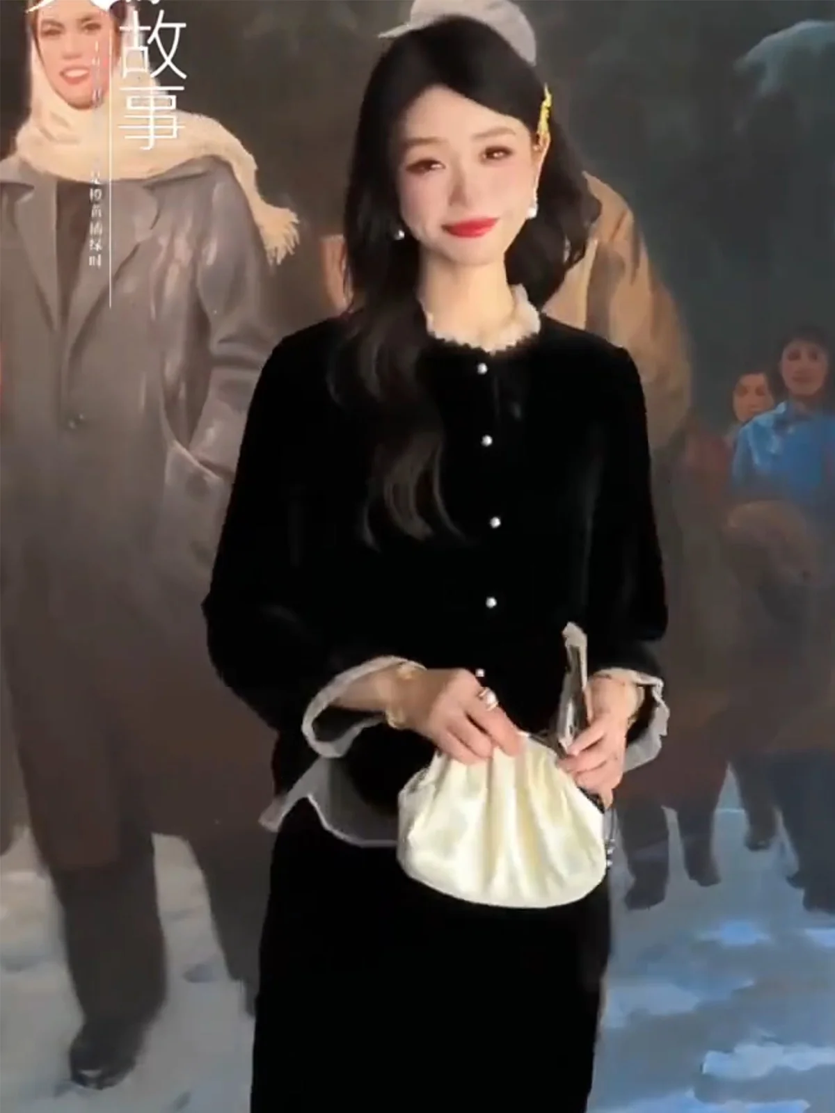 

Bla Velvet Long Sve с воротником лотоса irt, женский ранний осенний кружевной базовый топ с воротником-стойкой, винтажный топ с атмосферой для девочек