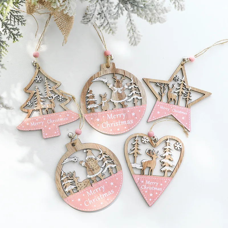 

2pcs Pink Love Star Deer Christmas Little Bell Product Decoration Creative Fashion Colorful Wooden Home Handmade Pendant 2025