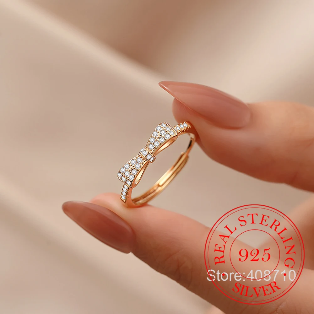 

Кольца на палец из стерлингового серебра 925 пробы с розовым золотом 18 карат и бантом для женщин, ювелирные изделия для свадебной вечеринки для девочек, подарок другу