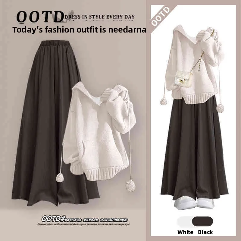 

Winter Set Women's 2024 New Korean Sle Lazy Hat Knitted Sweater Slimming Versatile Skirt Pants Two Piece Set Faionable En...