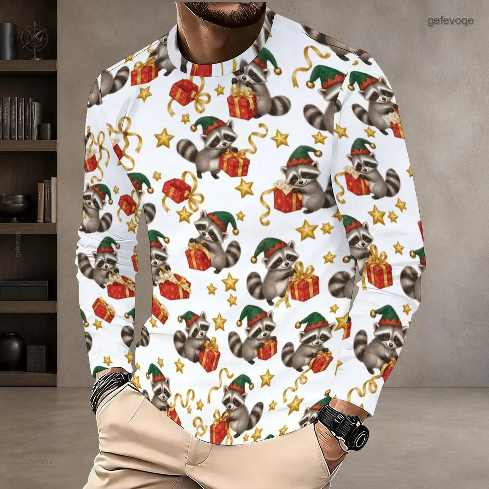 Men White Printed Round Neck Long Sleeve T-Shirt, Raccoon Elf Red Gift Golden Star Pattern