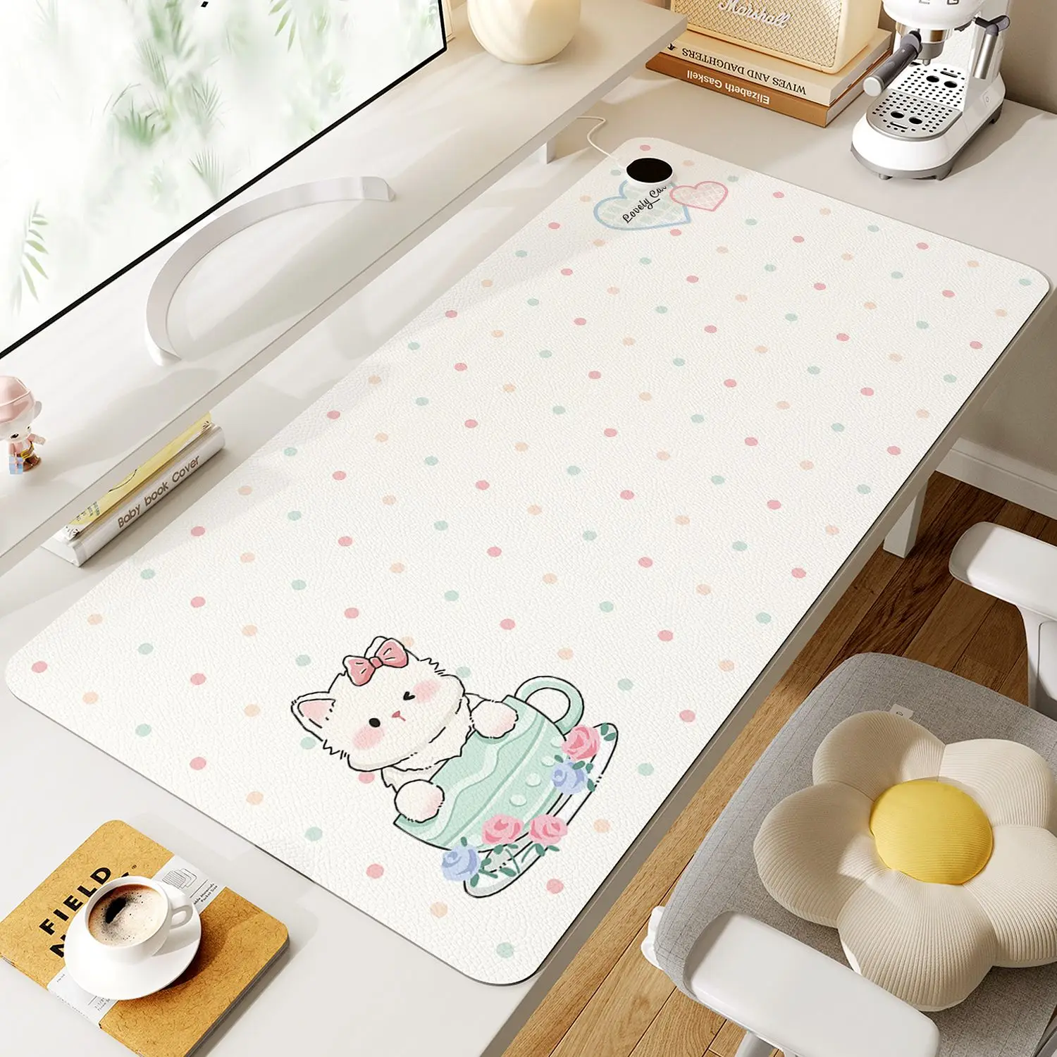 Ins Pink Cat Polka Dot PU Leather Mouse Pad No Wash Waterproof New Leather Desk Pad Girls' Heart Dormitory Decoration Office Pad