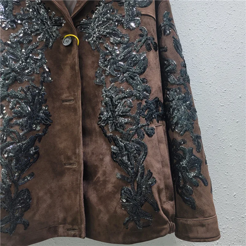 WTHT Trendy Women's Seuqins Embroidery Design Loose Suede Fabric Coat 2024 Winter New Lapel Long Sleeves Buttons Female 1LS471