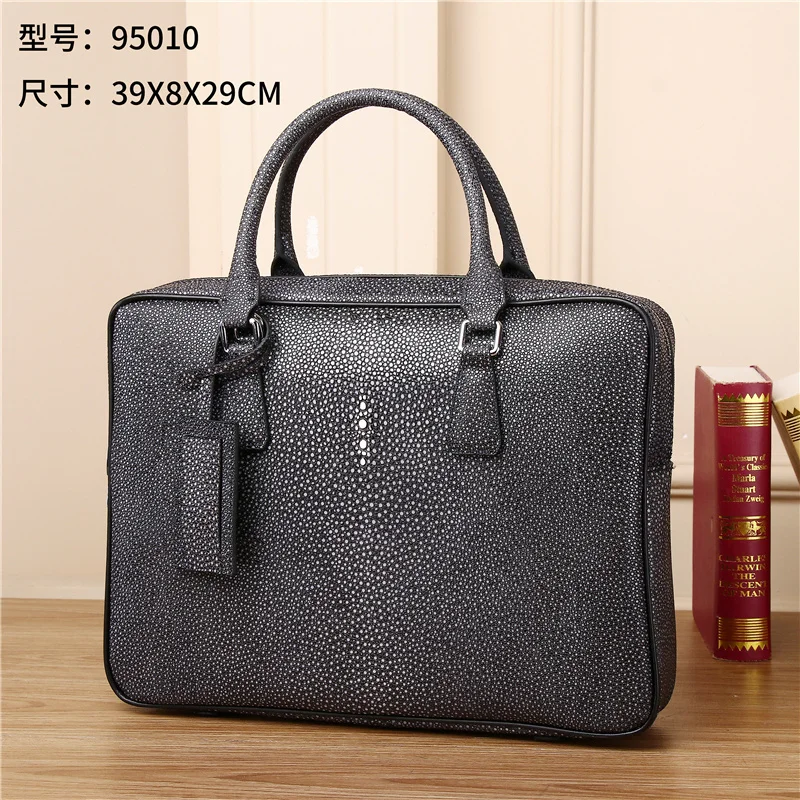 Genuine leather handheld business briefcase, pearl fish computer bag, multifunctional devil fish one shoulder crossbody bag