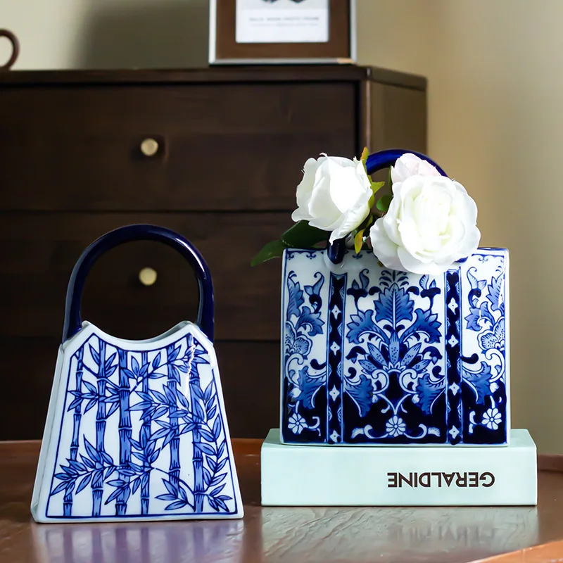 Vintage Blue and White Porcelain Handbag Vase, Vase Accessories, European Home Living Room Dining Table Decoration