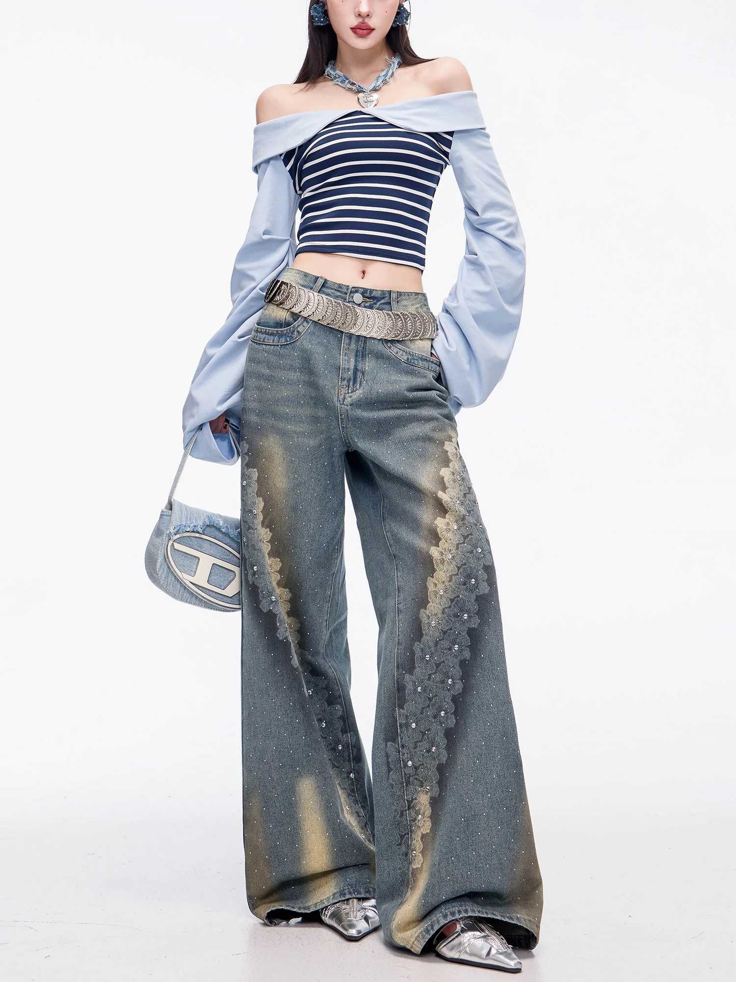 

Джинсы ABWLR женские, широкие, с принтом, украшенные стразами, оригинальный американский стиль, прямой крой