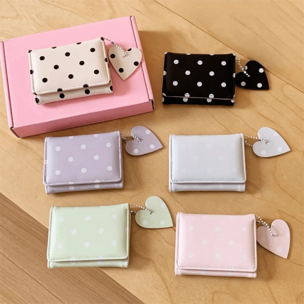 Large Capacity Polka Dot Short Wallet Foldable Lightweight Heart Pendant Wallet Button Closure Multi Card Slots