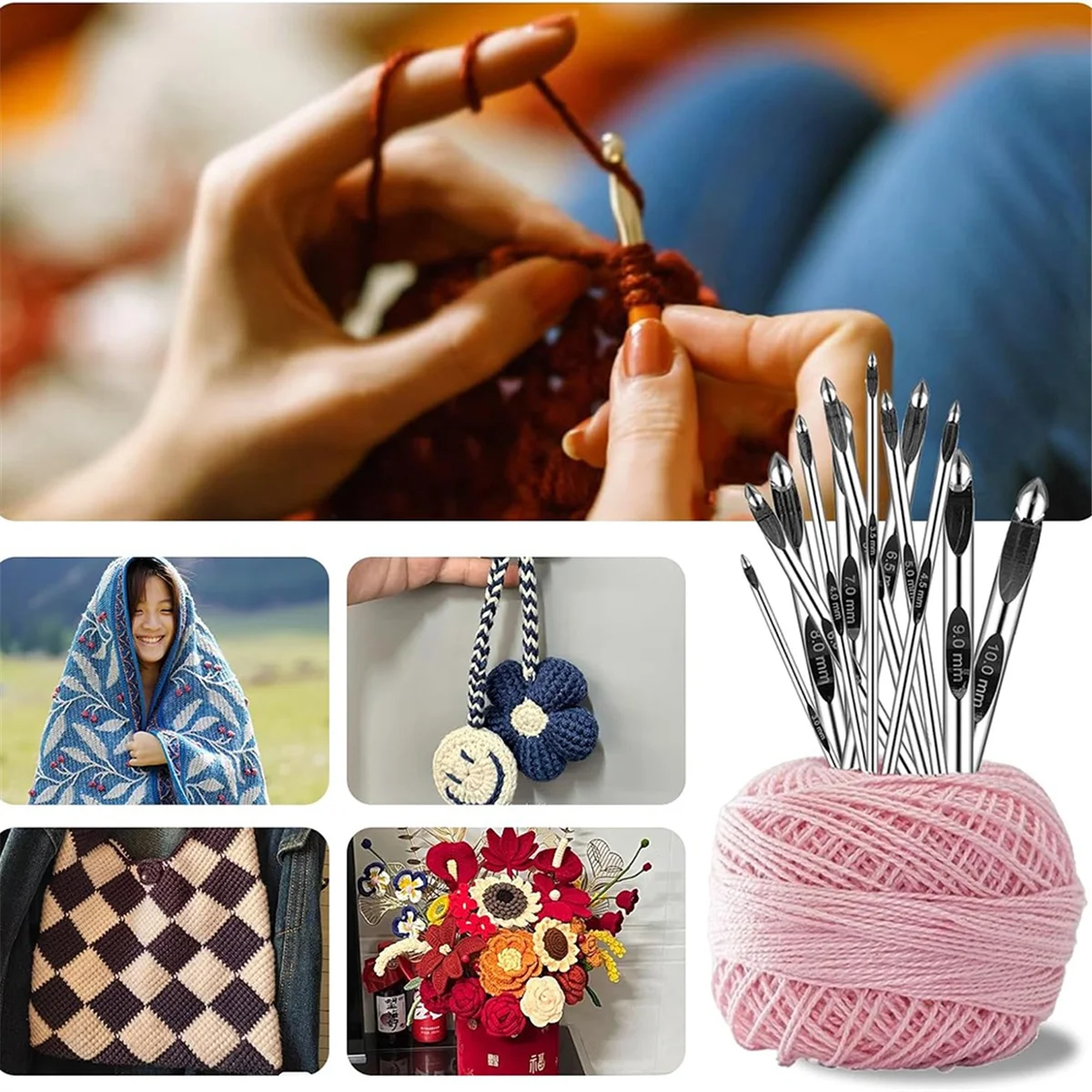 ABJG-مجموعة خطافات كروشيه تونسية مع كابل 6 بوصة من الألومنيوم قابلة للتبديل مجموعة خطافات كروشيه 3 مم - 10 مم