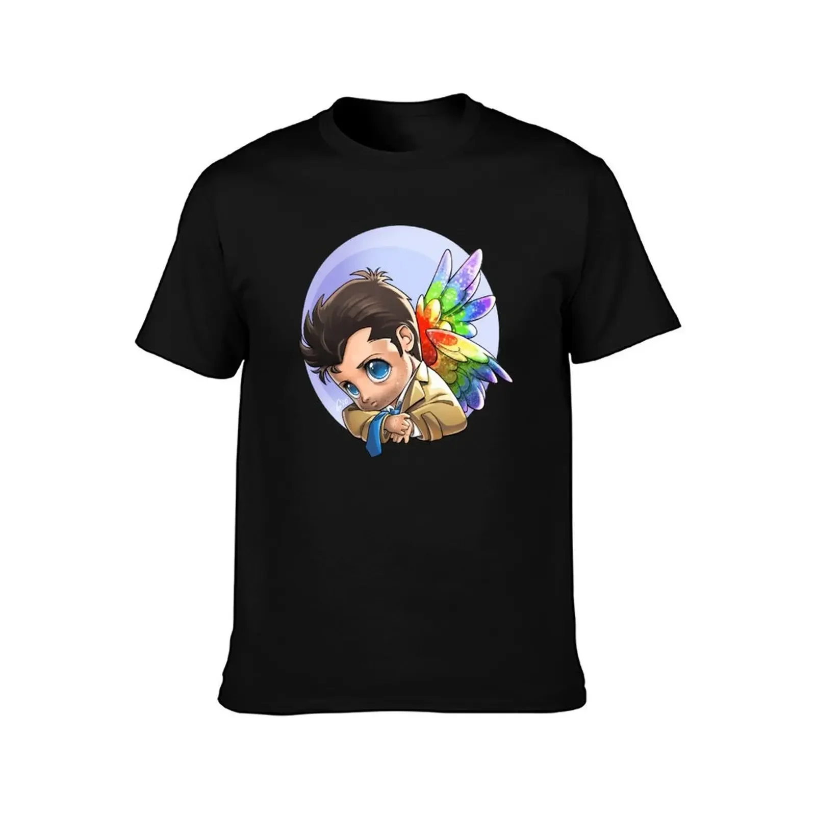 Glitter-Rainbow Wings Castiel T-Shirt customs anime shirt plain funny t shirts for men