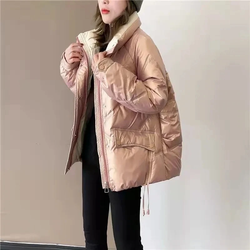 Casaco de algodão lustroso feminino, Parkas coreano solto e grosso quente, gola alta, jaqueta Fuffer com zíper, jaquetas casuais femininas, inverno