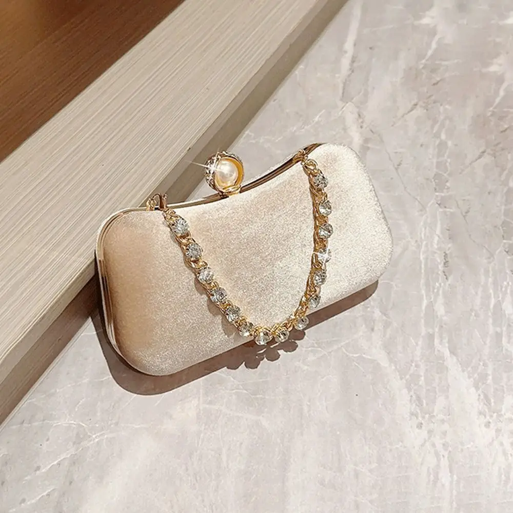 Gold Velvet Evening Bag Fashion French Vintage Pearl Chain Shoulder Bags Banquet Clutch Wedding Party