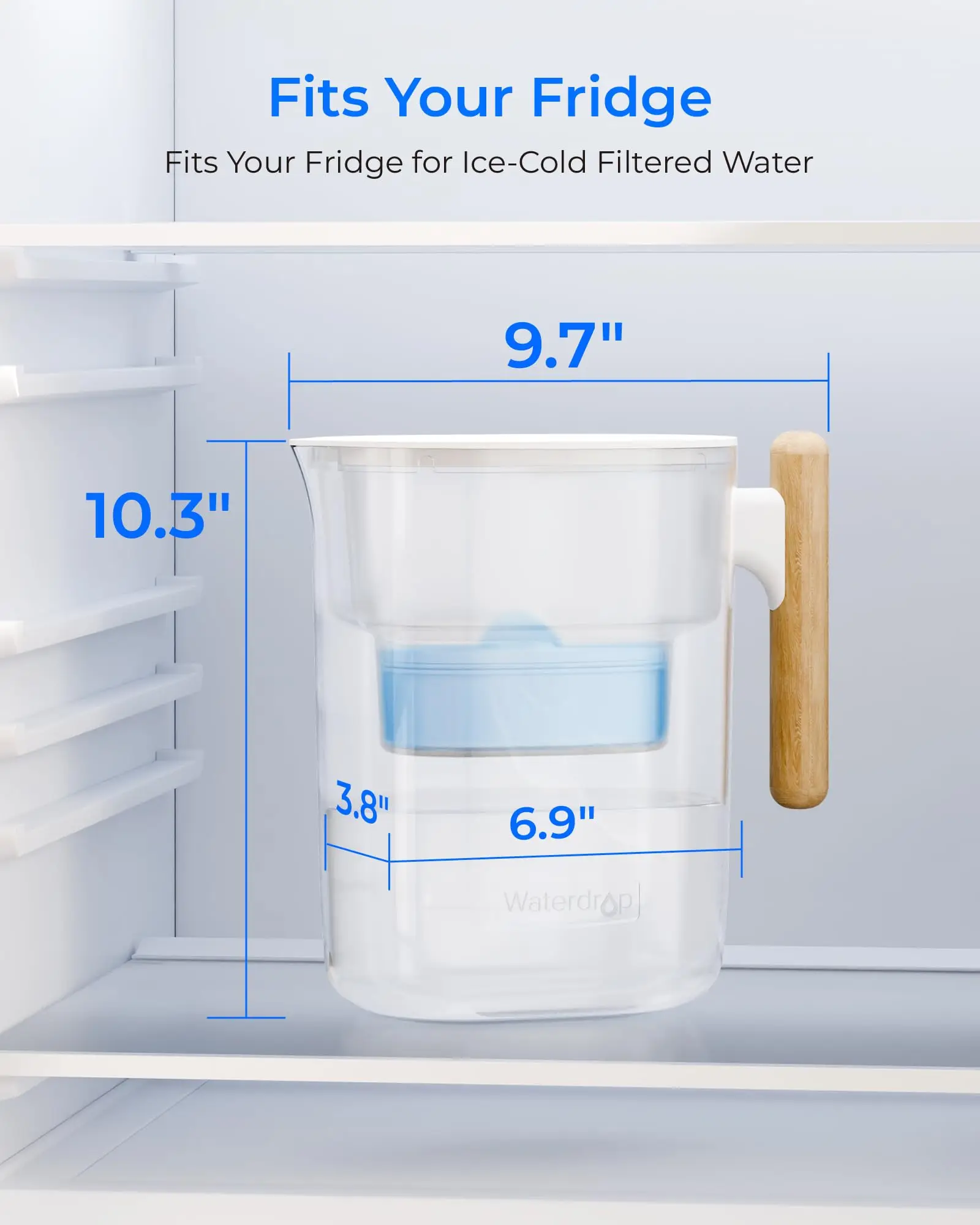 Waterdrop PT-04C-A Alkaline Water Filter Pitcher, 10-Cup Capacity, Clear,Healthy, Clean & Toxin-Free Mineralized Alkaline Water, Up to pH 9.5, BPA-Free, 100 Gallons, Sturdy Wooden Handle