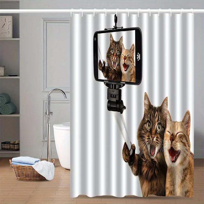 Funny Cat Selfie Shower Curtain, Cute Kitten Taking Photo Print Waterproof Bathroom Decor, Novelty Pet Home Bath Screen