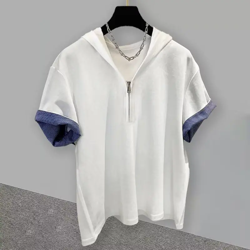 Men's Summer Korean Style Fashion Solid Color Loose Half Zip Hooded Short Sleeve T-shirt Striped Splicing Casual Hoodie New  Tee