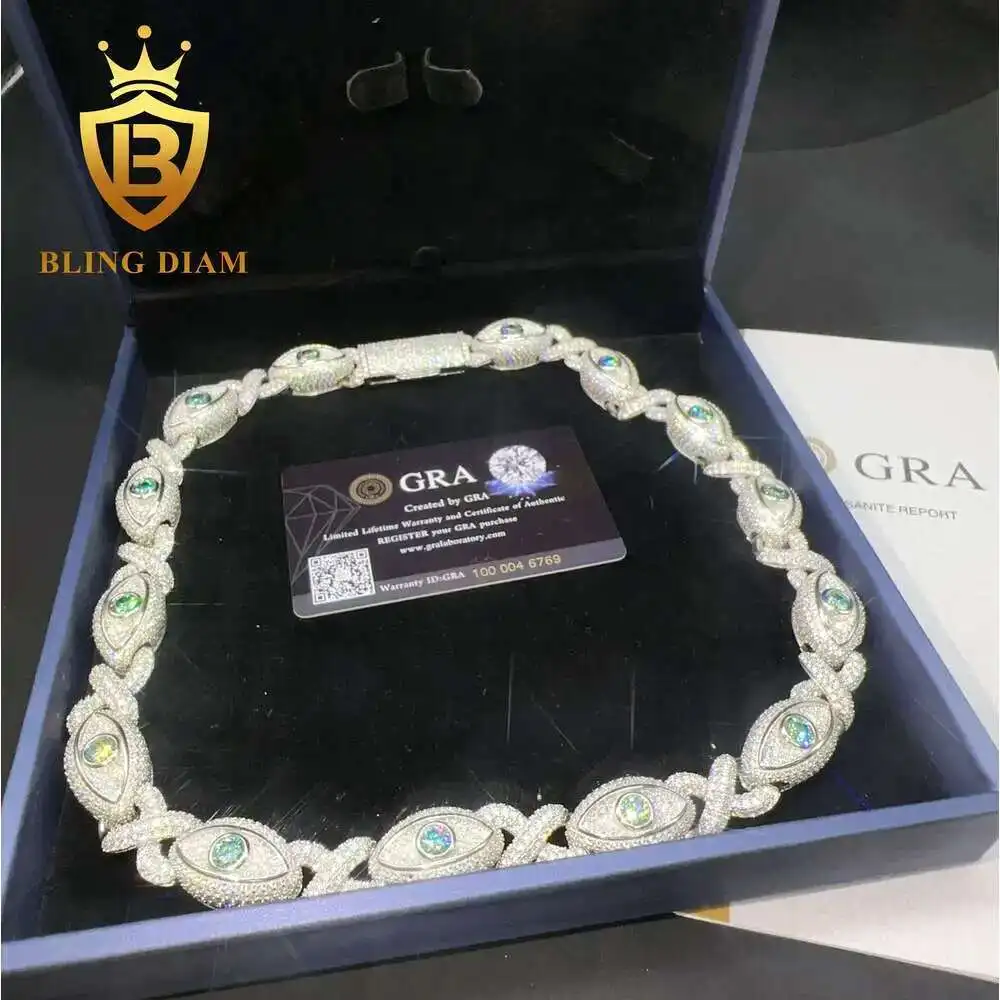 

New Arrival Pass Diamond Test 925 Sterling Silver Iced Out Hip Hop Cuban Chain Eye Ball 15mm Moissanite Cuban Link Chain