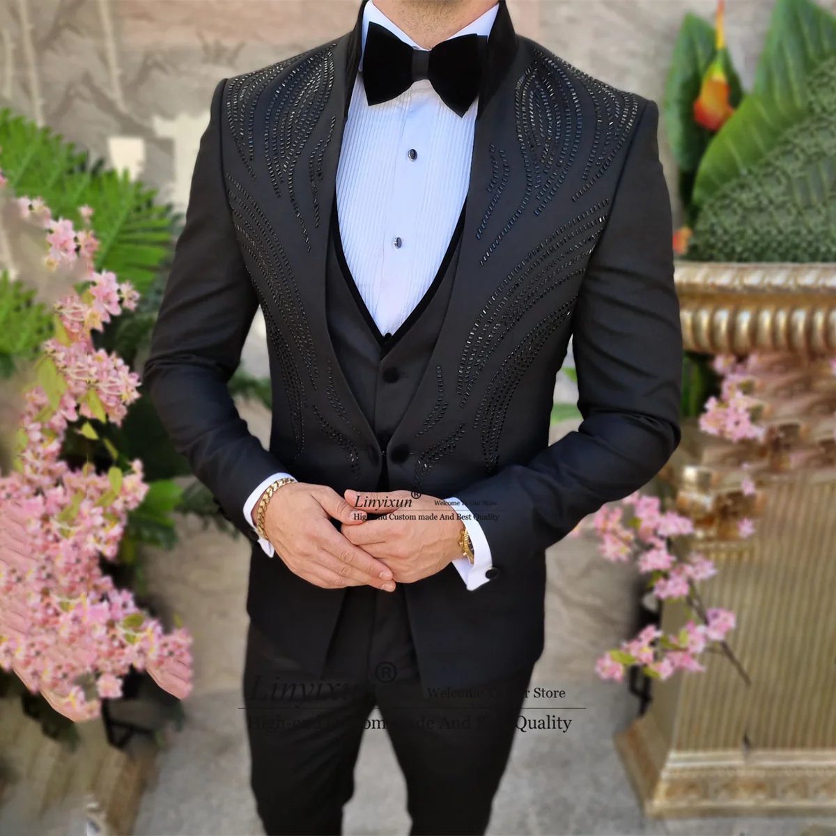 Luxury Beaded Tuxedos Men Suits Fashion Groom Tuxedos 3 Pieces Sets Wedding Party Blazer Slim Fit Terno Masculinos Completo