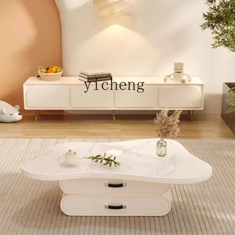 

Cloud Tea Table Cream TV Cabinet Unit Living Room Stone Plate Shaped Tea Table with Drawer