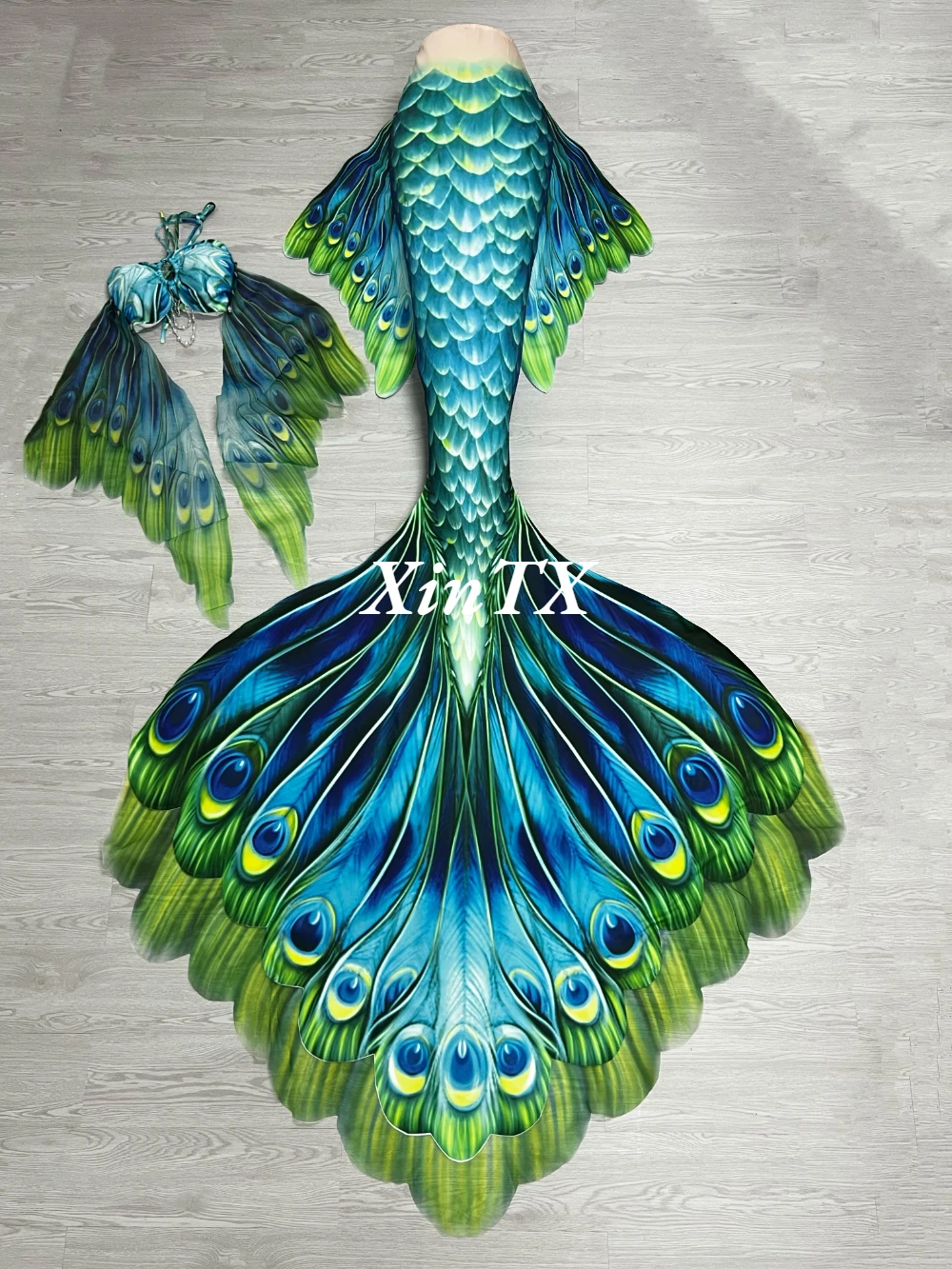 Beautiful Big Mermaid Tail Peacocks Soul Swimmable Tail with Printing Yarn No Monofin For Free Diving Model Photoshooting Suit