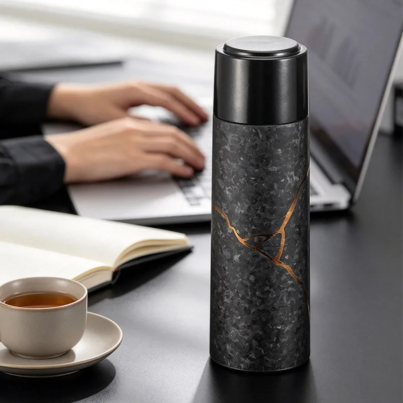 450ml Business-grade Pure Titanium Thermal Water Bottle with Tea Strainer and Magnetic Cap,Dark Black Style,Office Thermos Cup