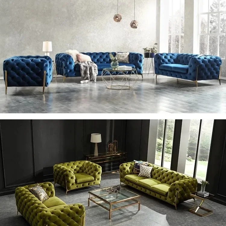 For Velvet Sofa Chesterfield Lounge Sofas set With Diamond Button In Living Room furniture