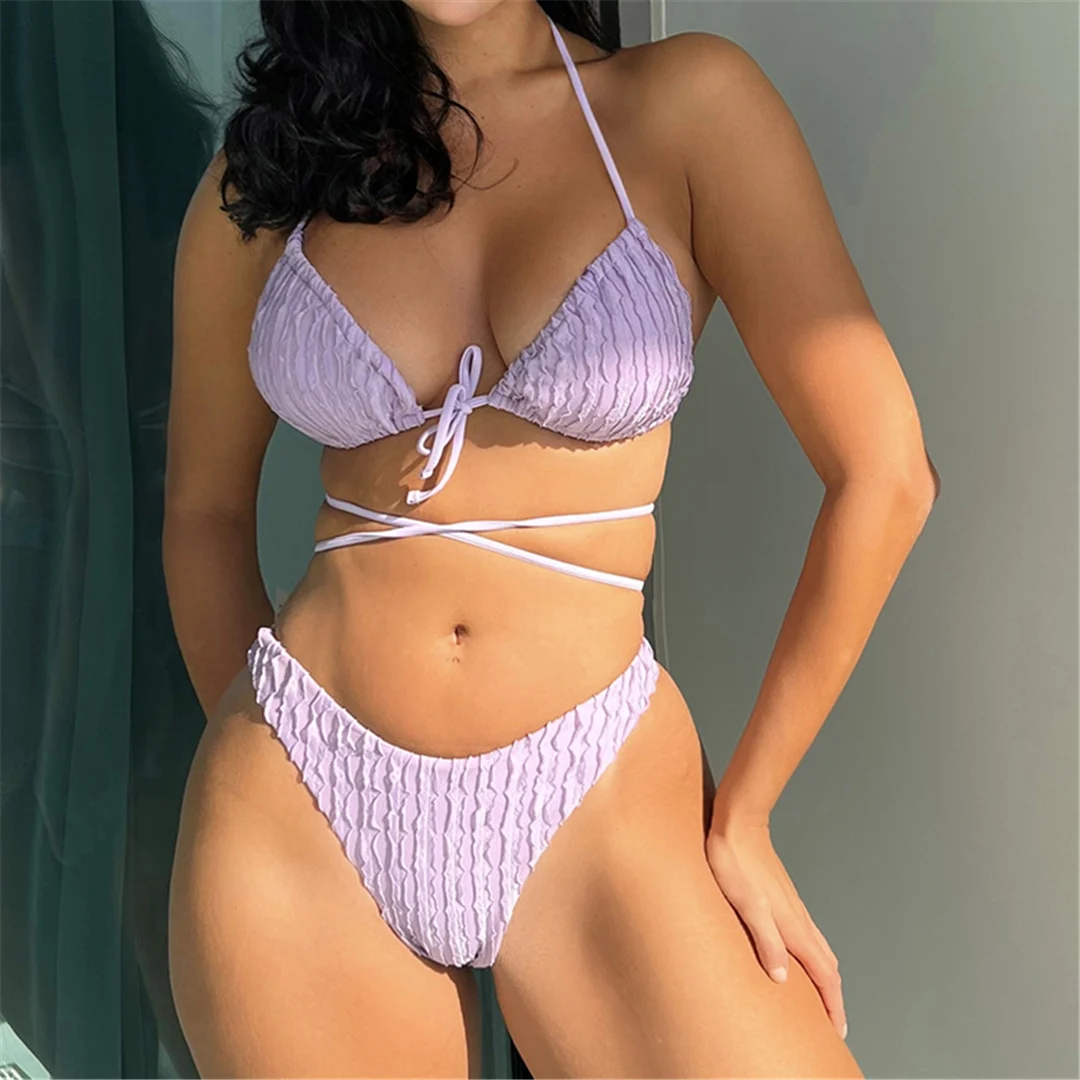 Gefalteter, um den Hals gewickelter, brasilianischer Bikini, Damen-Badeanzug, zweiteiliges Bikini-Set, Badebekleidung, Badeanzug, Schwimmbekleidung V4672 – Detail 7