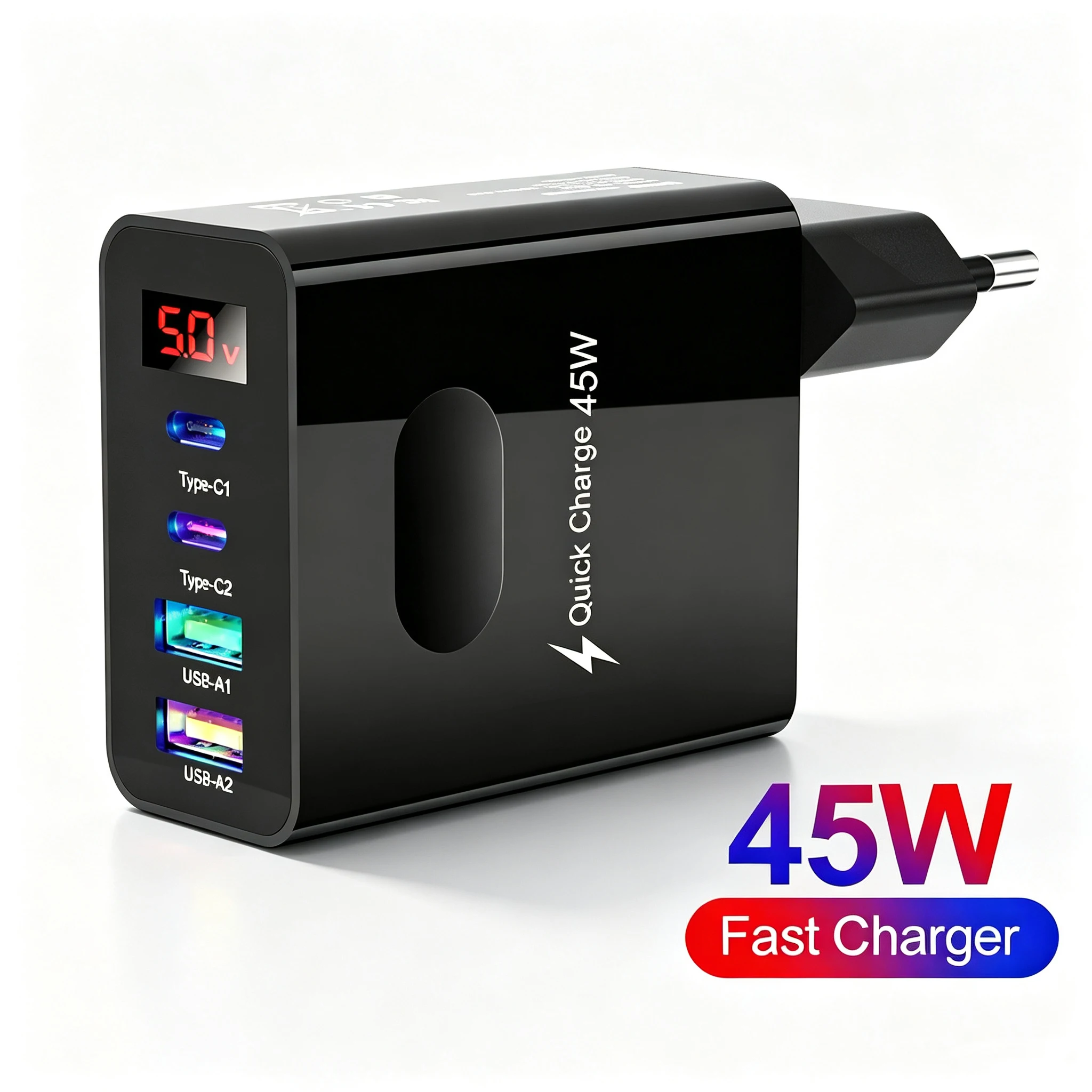 45W USB-Ladegerät mit 4 Anschlüssen, Typ-C, schnelles Laden, Handy-Ladegerät, Adapter für iPhone, Samsung, Xiaomi, Huawei, Digitalanzeige, Wandladegerät
