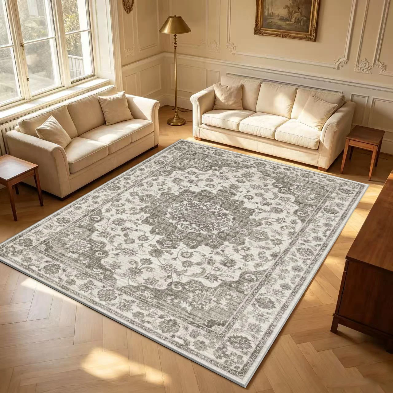 Vintage Grey White Medallion Oriental Area Rug Distressed Floral Border Floor Carpet for Living Room Bedroom Home Decor